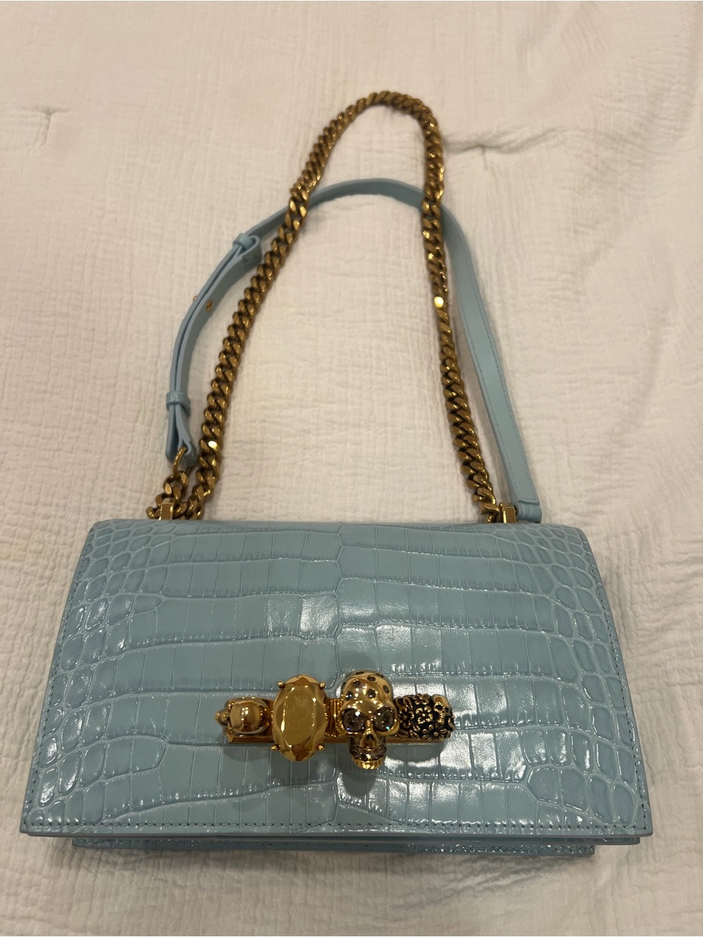 Alexander Mcqueen Blue Croc-Embossed Shoulder Bag with Gold Hardware